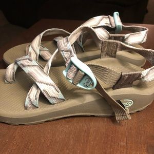 Size 10 Grey, white, aqua Chaco sandals